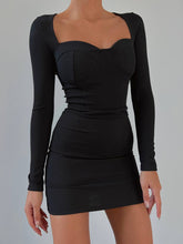 Chic Black Long-Sleeve Mini Dress with Sweetheart Neckline – Perfect for Elegant Evenings